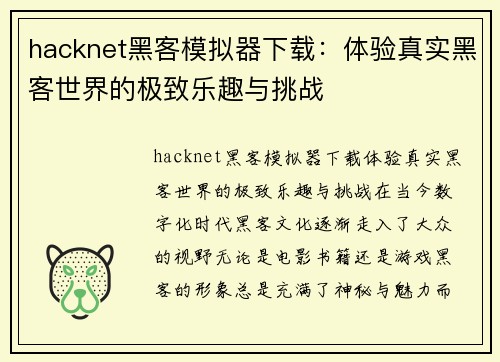 hacknet黑客模拟器下载：体验真实黑客世界的极致乐趣与挑战